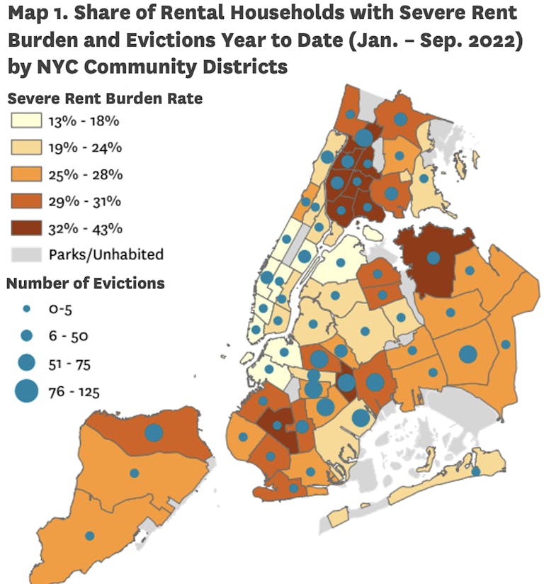 A map of New York City's 59 Community Districts showing the share of rental households reporting severe rent burden and number of residential evictions in each district. Communities with the highest rent-burdened households also have a high number of evictions.