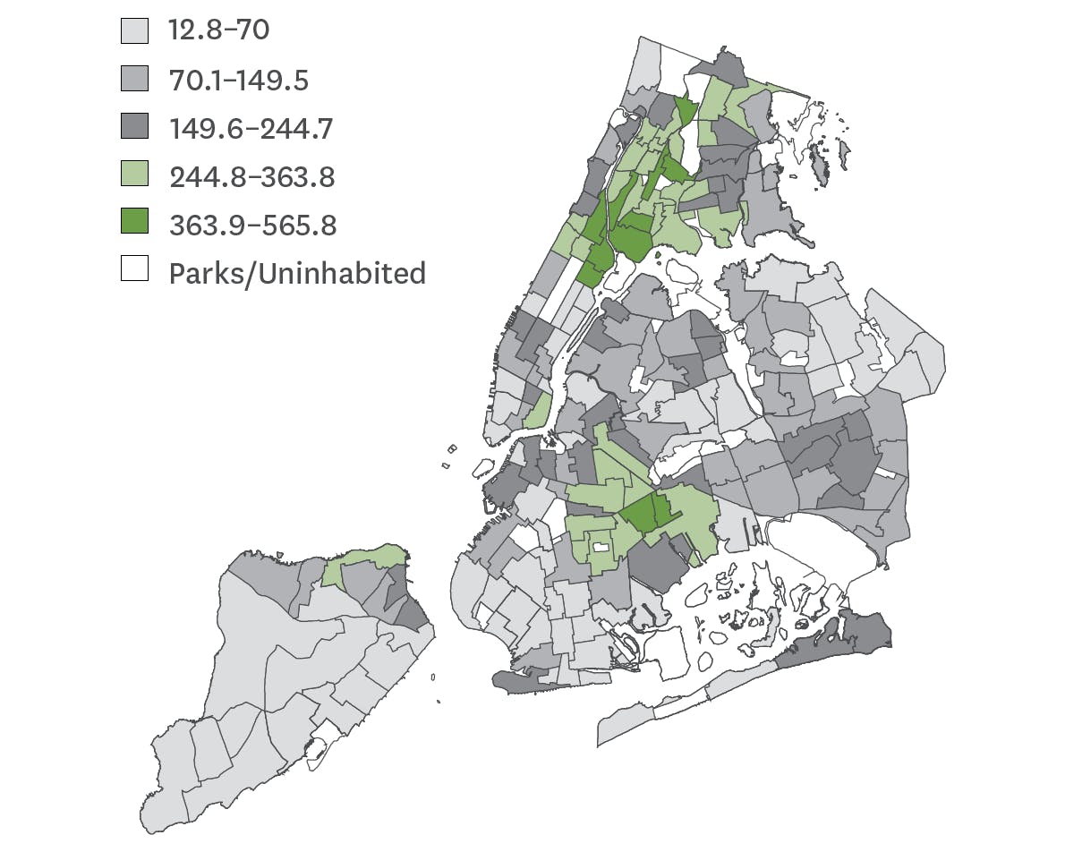 Figure 4.31 from the Keeping Track of New York City’s Children, 2022. In 2016, asthma-related emergency department visits in NYC for children ages 5-17 were more than six times higher in very high poverty neighborhoods than in low poverty neighborhoods. This map illustrates a higher concentration of ED visits in the south Bronx and eastern Queens.