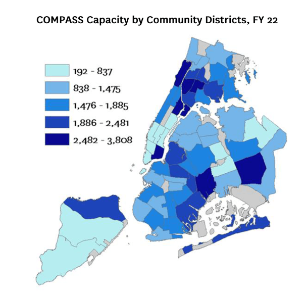 This map illustrates the capacity of students for COMPASS Afterschool programs by community district. Community districts most impacted by the socio-economic challenges of the pandemic are also most likely to be impacted by cuts to COMPASS resulting in capacity reduction.