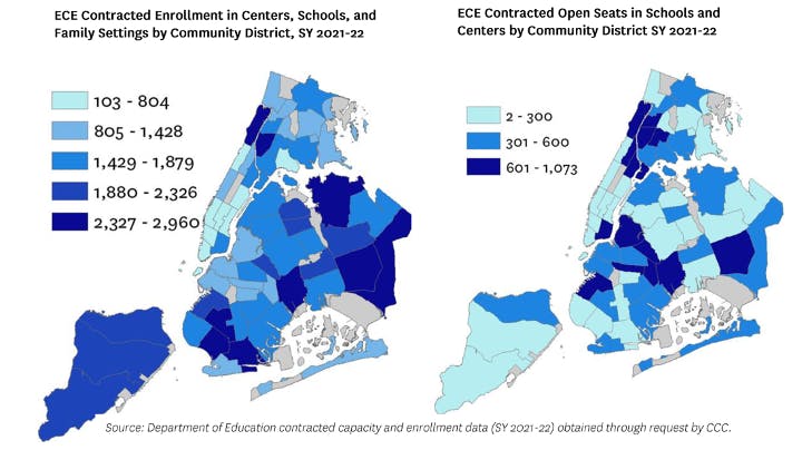 The maps provided below illustrate the distribution of children under five enrolled in DOE-contracted seats during the 2021-22 school year, alongside available open seats within the same period. These maps suggest a probable reduction in seat availability across existing services in these communities. 
