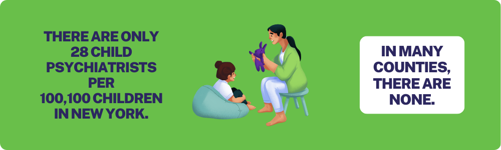 There are only 28 child psychiatrists per 100,100 children in New York. In many counties, there are none. 